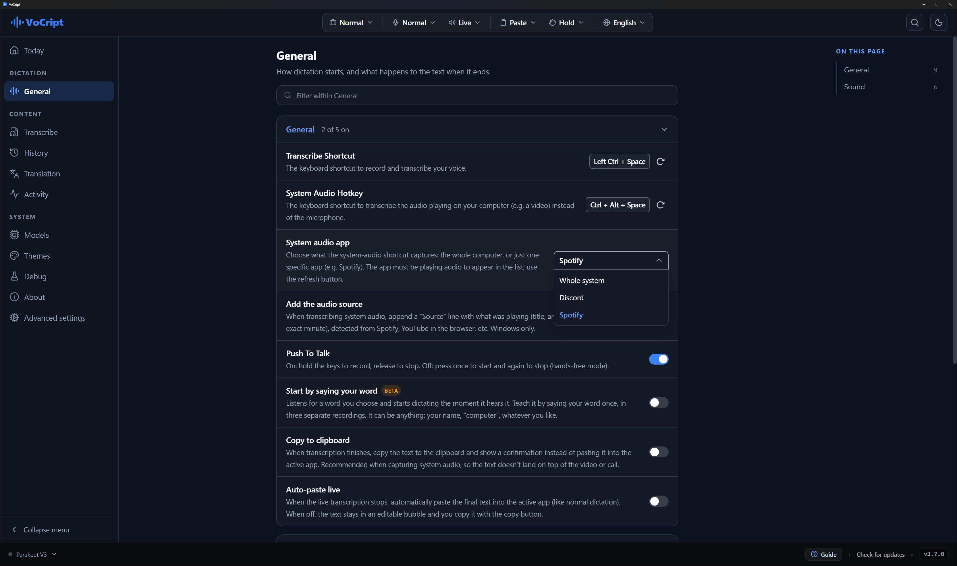 VoCript dictation settings with the search box and the system-audio picker open