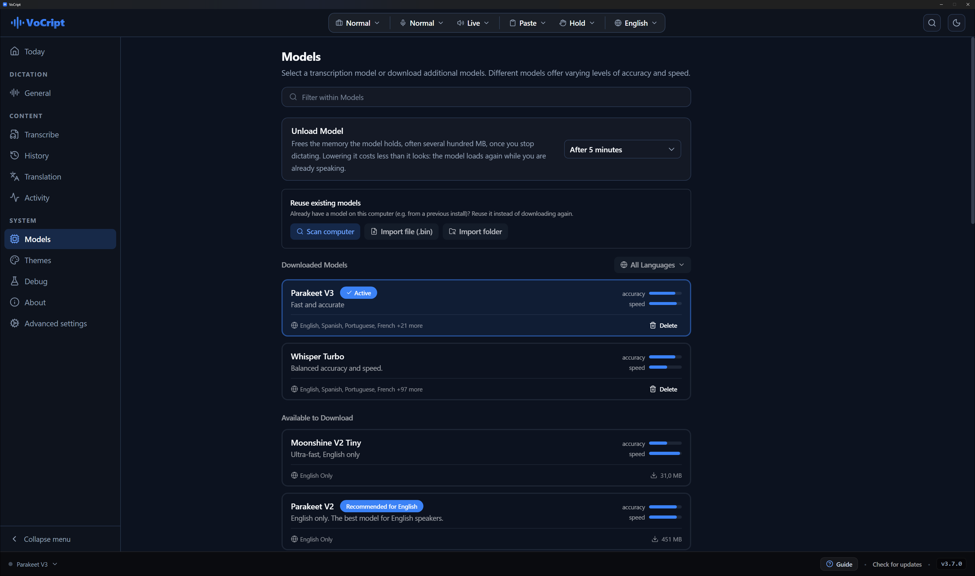 Installed transcription models and models available to download