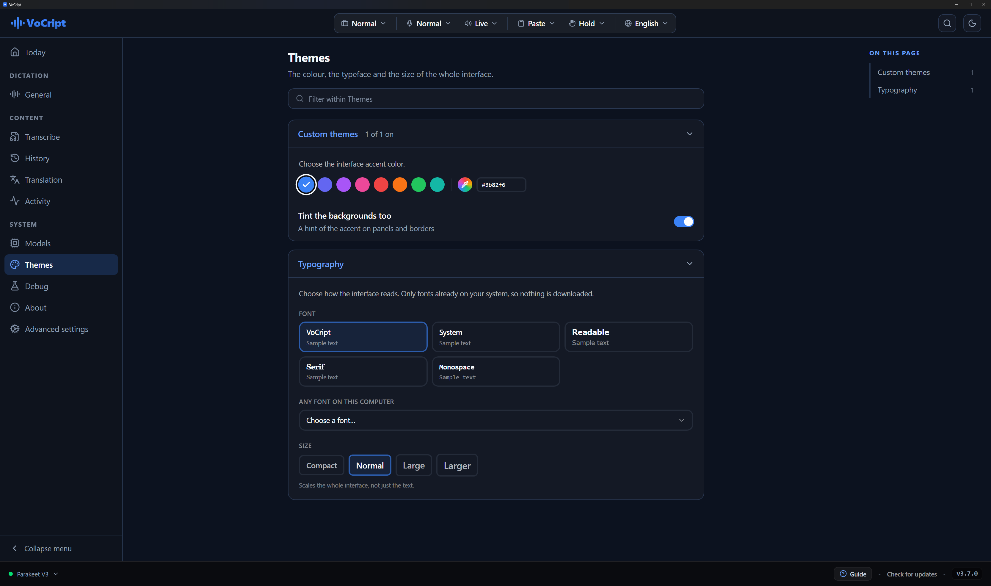 Theme settings: accent colour, typeface and interface size